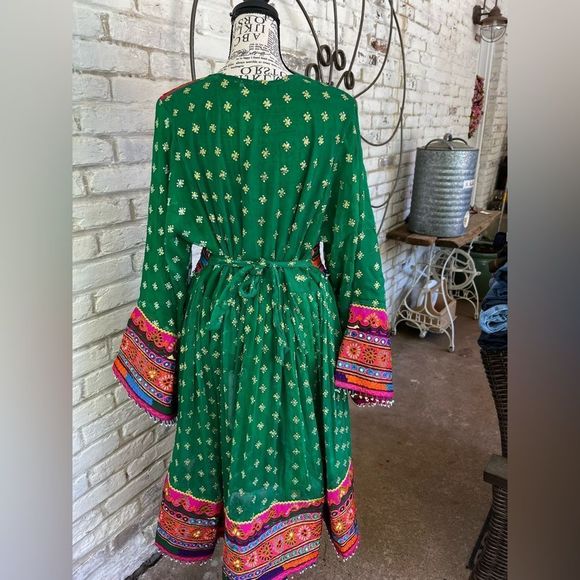 Ethnic festival party beaded mirror detailed midi tie back dress Bollywood - Picture 2 of 7